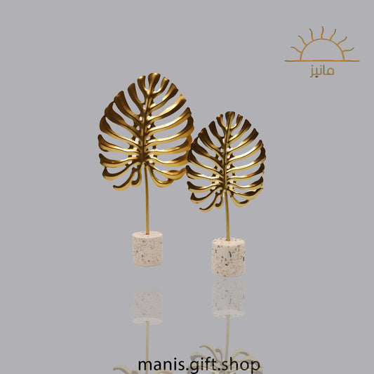 2P GOLDEN MONSTERA LEAVES WITH TERRAZZO BASE STANDS