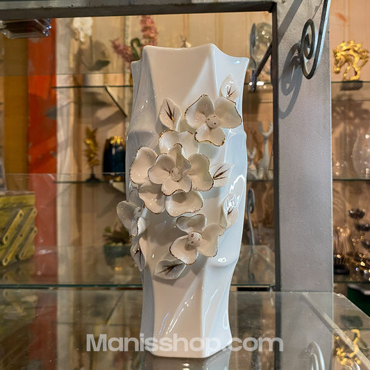 White Geometric Hexagon Floral Vase