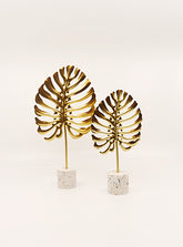 2P GOLDEN MONSTERA LEAVES WITH TERRAZZO BASE STANDS