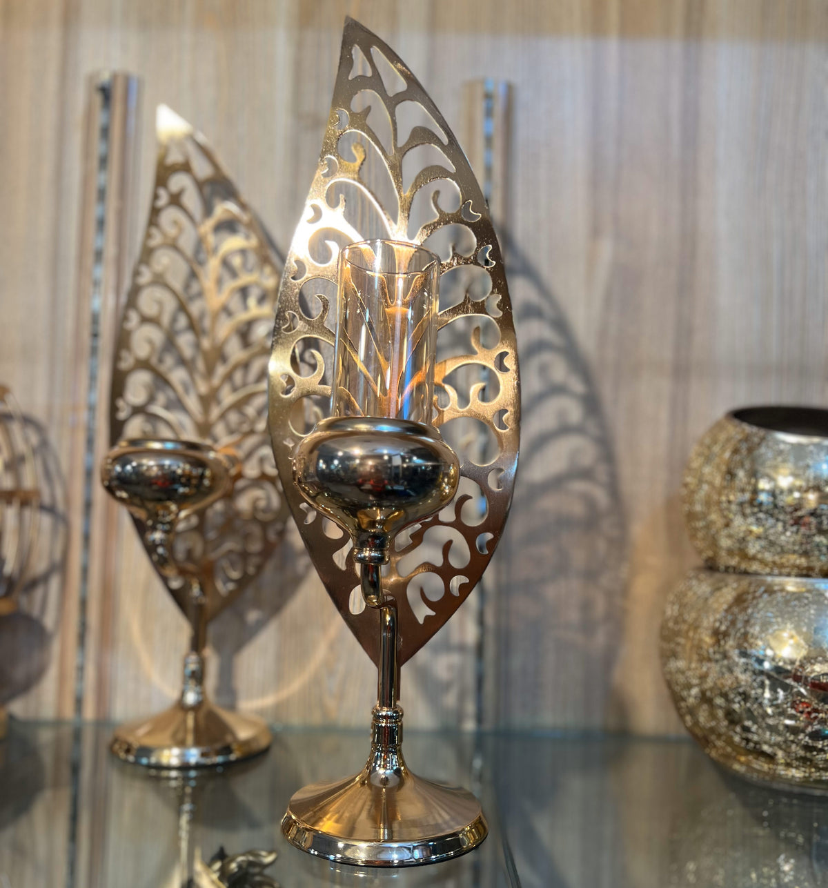 Golden Metal Leaf Candle Stand